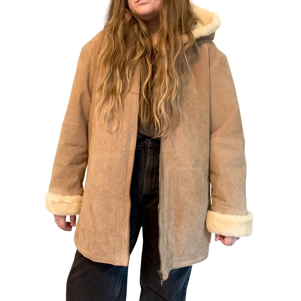 Vintage St. John’s Bay Washable Tan Leather Suede & Faux Shearling Fur Coat- XL